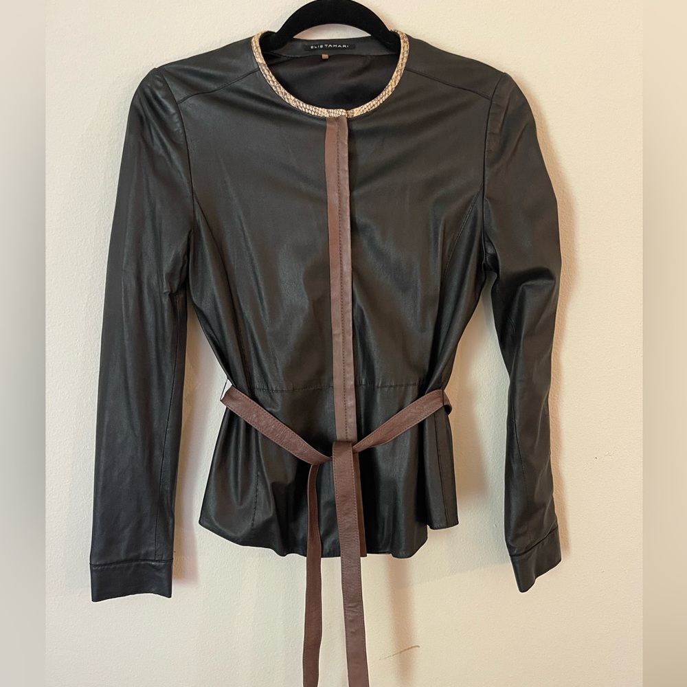Elie Tahari Leather Shirt Jacket with Removal Belt in Black Brown Size XS